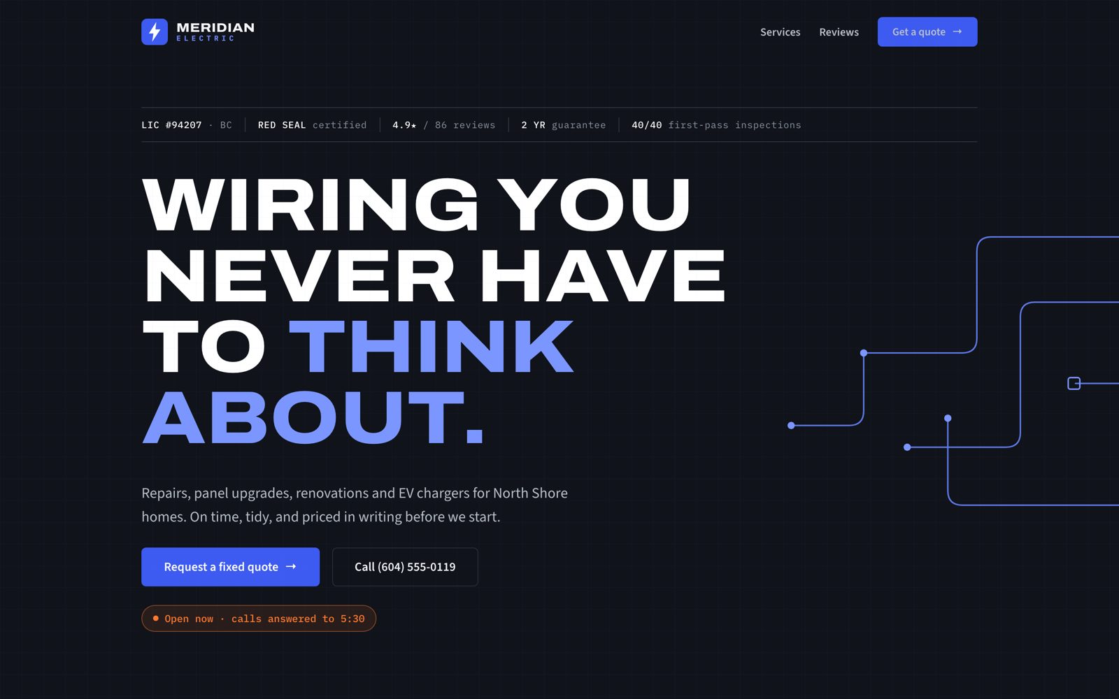 Meridian Electric — electrician one-page website by WebsiteWork.ca
